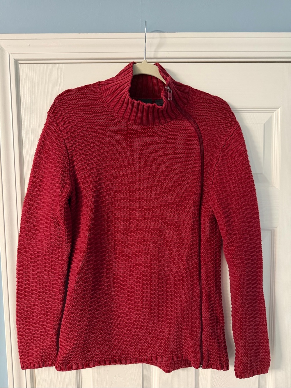 Armani Exchange Red Knit Funnel Neck Sweater with Side Zip